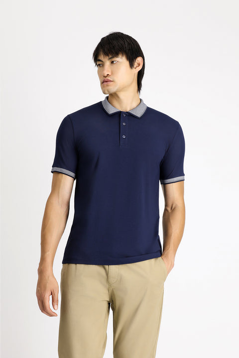 Medium Navy Polo Collar Slim Fit Narrow Cut Patterned Cotton T-shirt