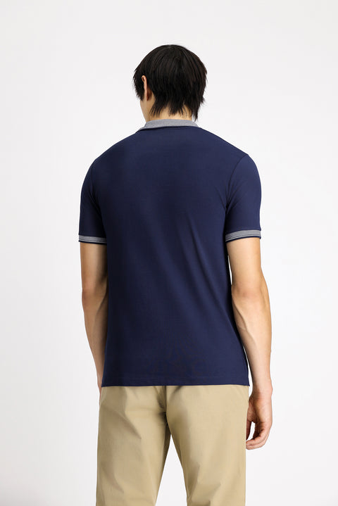 Medium Navy Polo Collar Slim Fit Narrow Cut Patterned Cotton T-shirt
