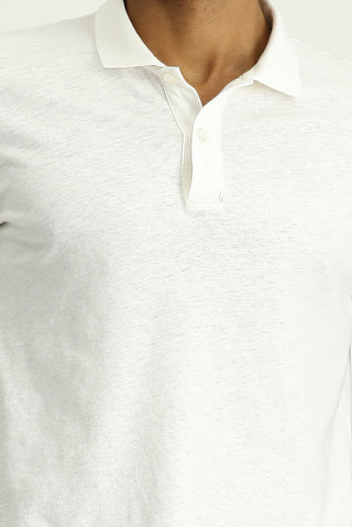 Beyaz Polo Yaka Slim Fit Dar Kesim Keten Karışımlı Tişört