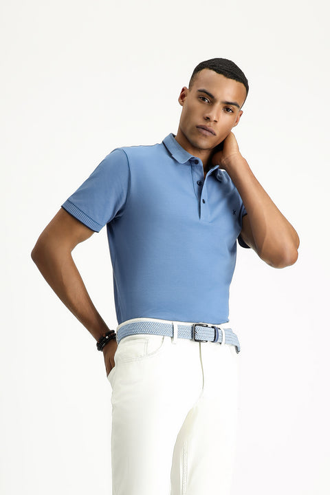 Aviator Blue Polo Collar Slim Fit Narrow Cut Patterned Embroidered Cotton T-Shirt