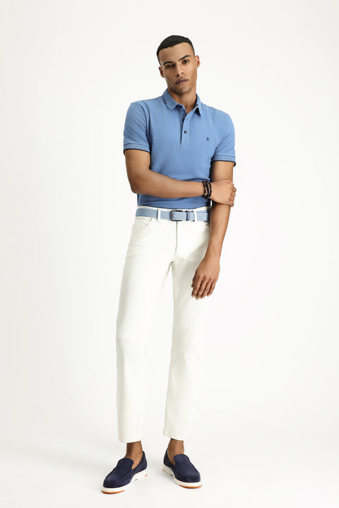 Aviator Blue Polo Collar Slim Fit Narrow Cut Patterned Embroidered Cotton T-Shirt