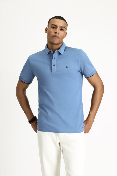 Aviator Blue Polo Collar Slim Fit Narrow Cut Patterned Embroidered Cotton T-Shirt