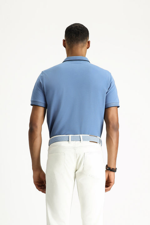 Aviator Blue Polo Collar Slim Fit Narrow Cut Patterned Embroidered Cotton T-Shirt