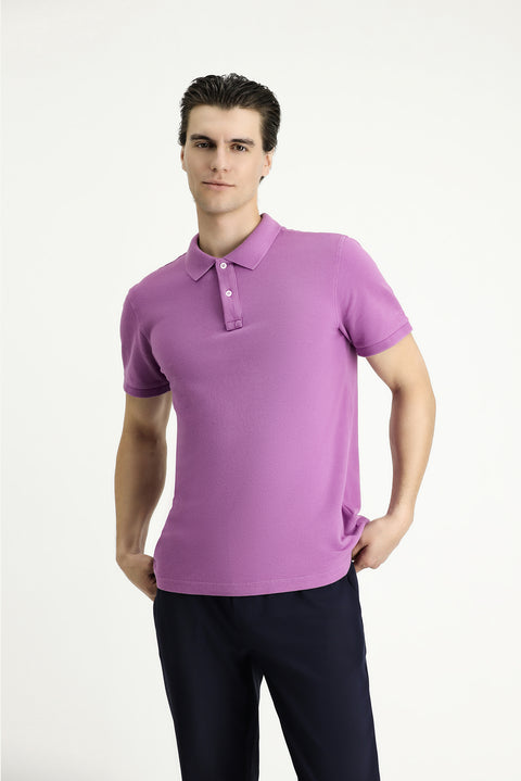 Light Purple Slim Fit Embroidered Cotton Polo Shirt