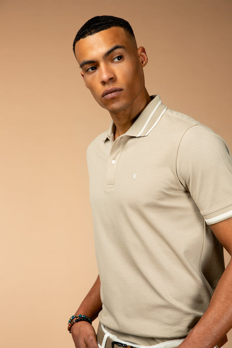 Light Beige Polo Collar Slim Fit Narrow Cut Patterned Embroidered Cotton T-shirt