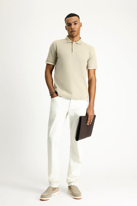 Light Beige Polo Collar Slim Fit Narrow Cut Patterned Embroidered Cotton T-shirt