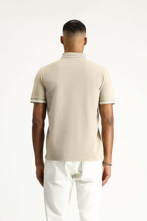 Light Beige Polo Collar Slim Fit Narrow Cut Patterned Embroidered Cotton T-shirt