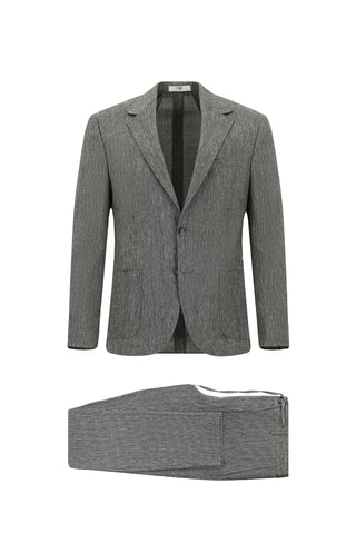 Koyu Antrasit 7 Drop Slim Fit Dar Kesim Keten Karışımlı Beli Lastikli İpli Takım Elbise