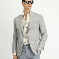 Light Beige 8 Drop Muscle Fit Long Athletic Cut Striped Lycra Sport Jacket