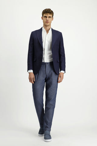 Koyu Lacivert 7 Drop Slim Fit Dar Kesim Yünlü Keten Karışımlı Klasik Ceket