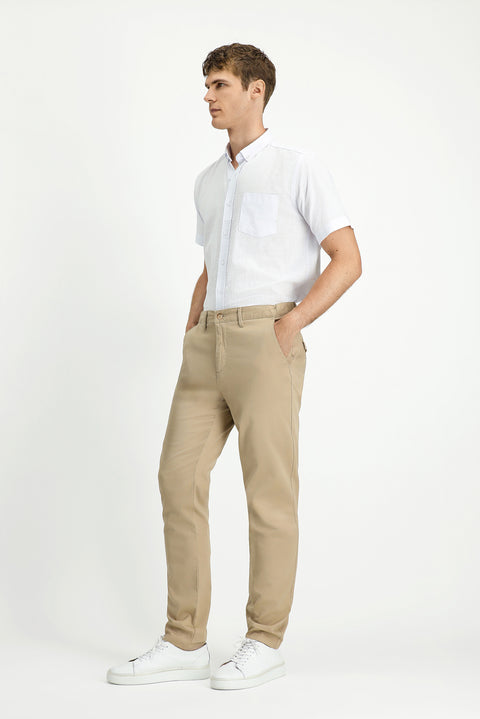 Açık Bej Slim Fit Dar Kesim Beli Lastikli Likralı Kanvas / Chino Pantolon