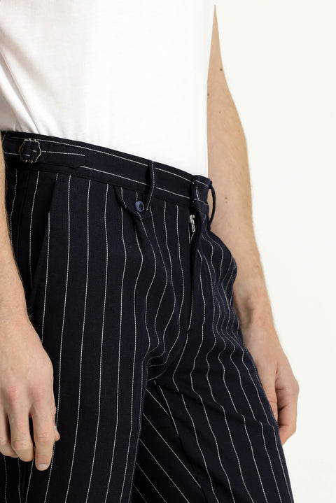 Dark Navy 7 Drop Slim Fit Linen Blend Striped Buckle Classic Fabric Trousers