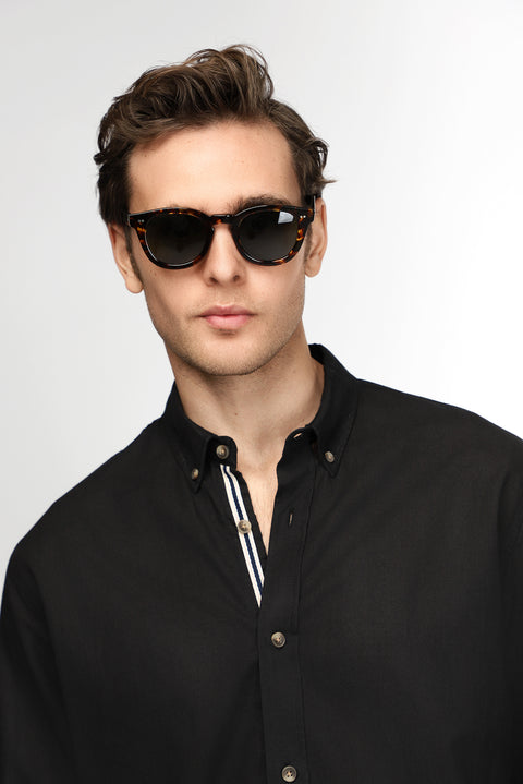 Black Long Sleeve Regular Fit Button-Down Collar Linen-Look Sporty Cotton Shirt
