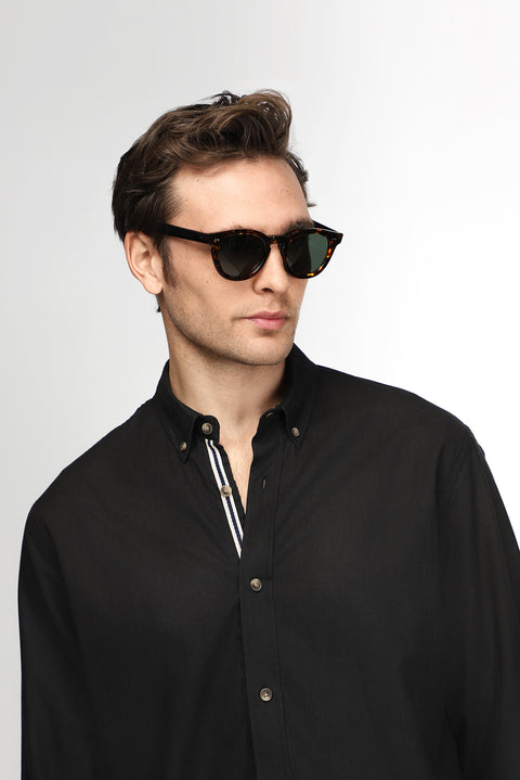 Black Long Sleeve Regular Fit Button-Down Collar Linen-Look Sporty Cotton Shirt