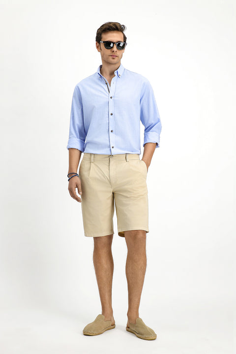 Light Blue Long Sleeve Regular Fit Button-Down Collar Linen-Look Sporty Cotton Shirt