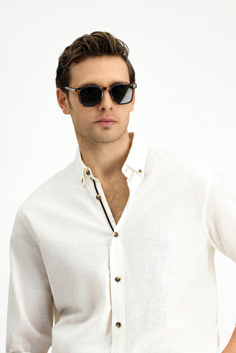White Long Sleeve Regular Fit Button-Down Collar Linen-Look Sporty Cotton Shirt