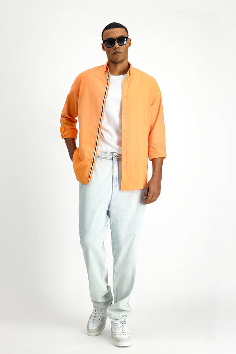 Light Orange Long Sleeve Regular Fit Button-Down Collar Linen-Look Sporty Cotton Shirt