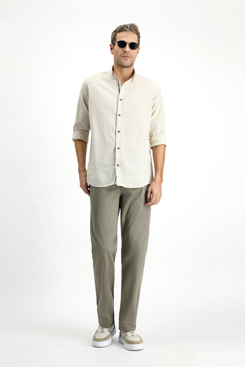 Light Mink Long Sleeve Regular Fit Button-Down Collar Linen-Look Sporty Cotton Shirt