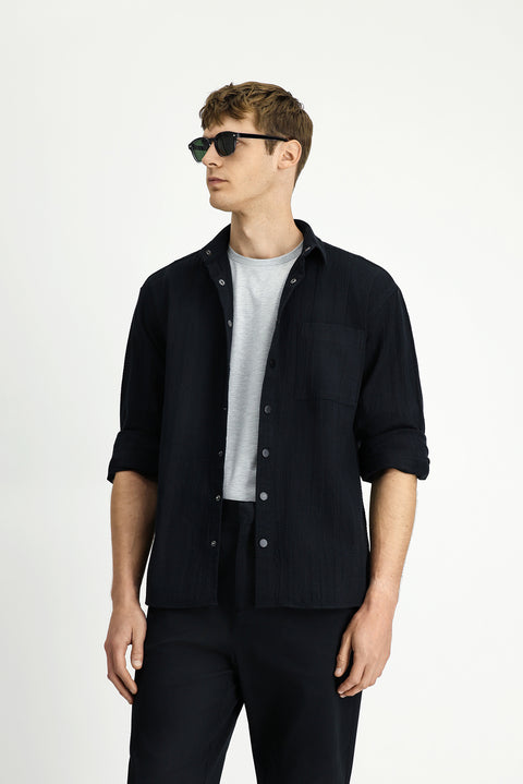 Black Long Sleeve Oversize Extra Relaxed Fit Patterned Cotton Shirt