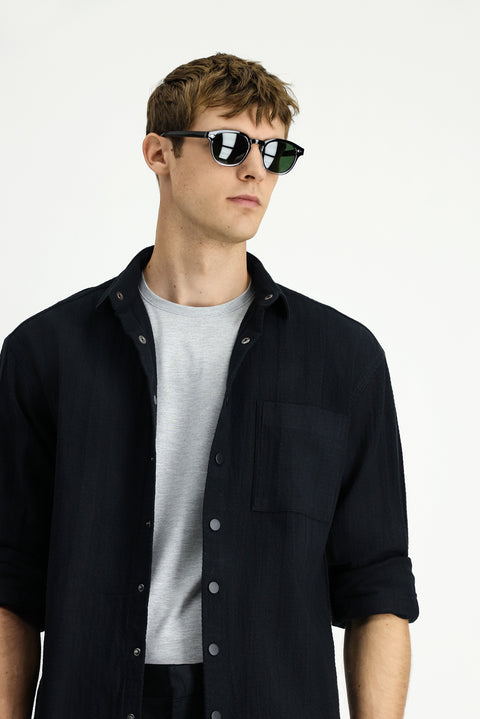 Black Long Sleeve Oversize Extra Relaxed Fit Patterned Cotton Shirt