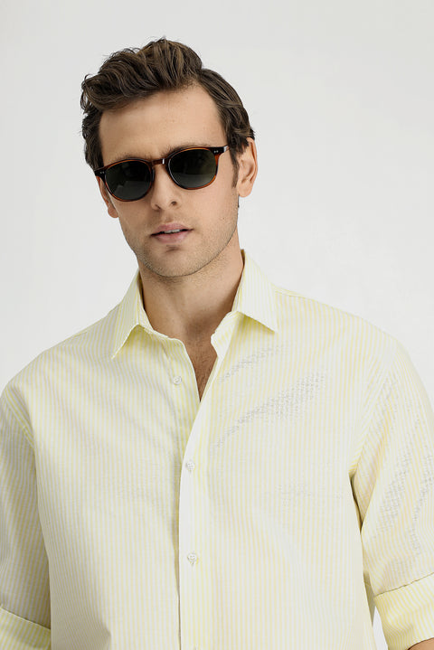 Light Yellow Long Sleeve Regular Fit Button-Down Striped Cotton Easy Iron Shirt