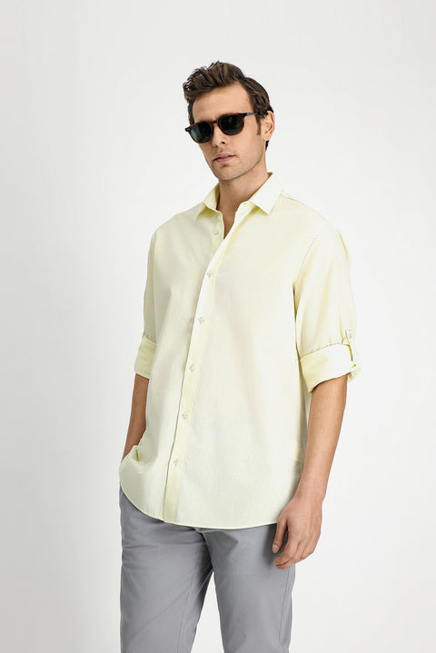 Light Yellow Long Sleeve Regular Fit Button-Down Striped Cotton Easy Iron Shirt