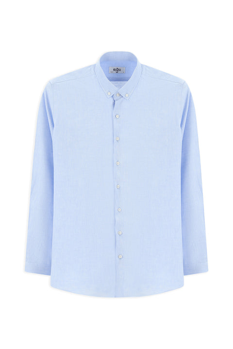 Blue Long Sleeve Slim Fit Narrow Cut Cotton Linen Button-Down Collar Shirt