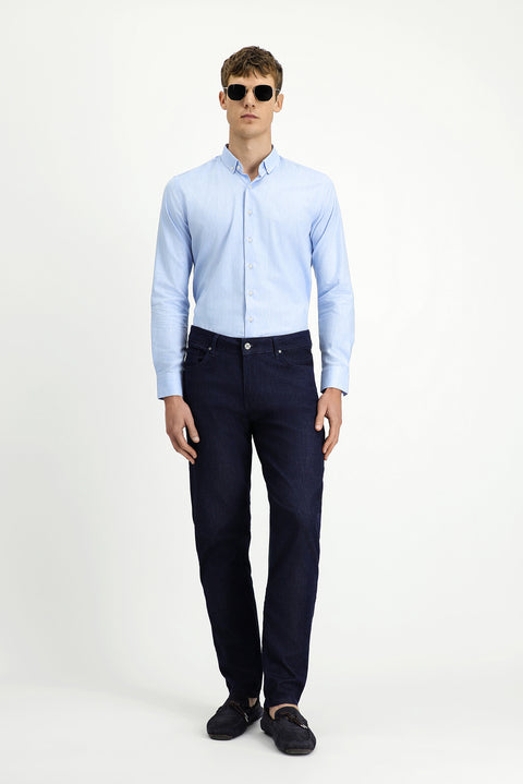 Blue Long Sleeve Slim Fit Narrow Cut Cotton Linen Button-Down Collar Shirt
