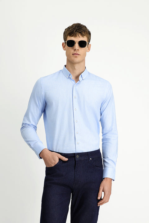 Blue Long Sleeve Slim Fit Narrow Cut Cotton Linen Button-Down Collar Shirt