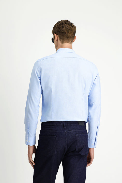 Blue Long Sleeve Slim Fit Narrow Cut Cotton Linen Button-Down Collar Shirt
