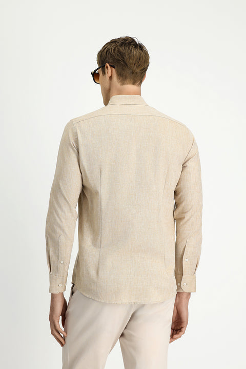 Medium Brown Long Sleeve Slim Fit Narrow Cut Cotton Linen Button-Down Collar Shirt