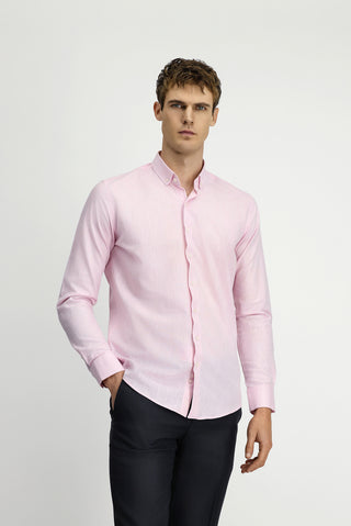 Pembe Uzun Kol Slim Fit Dar Kesim Pamuklu Keten Düğmeli Yaka Gömlek