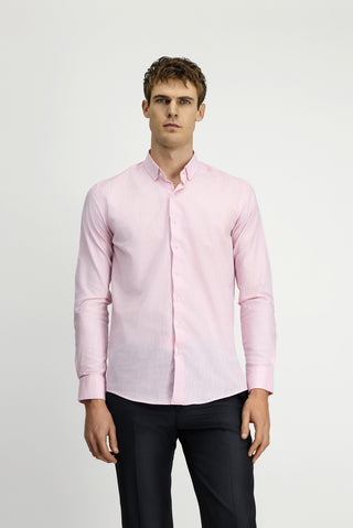 Pembe Uzun Kol Slim Fit Dar Kesim Pamuklu Keten Düğmeli Yaka Gömlek