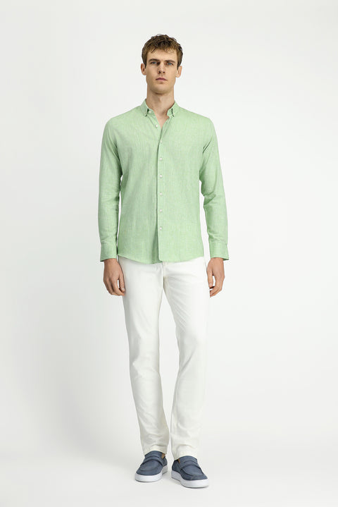 Grass Green Long Sleeve Slim Fit Narrow Cut Cotton Linen Button-Down Collar Shirt