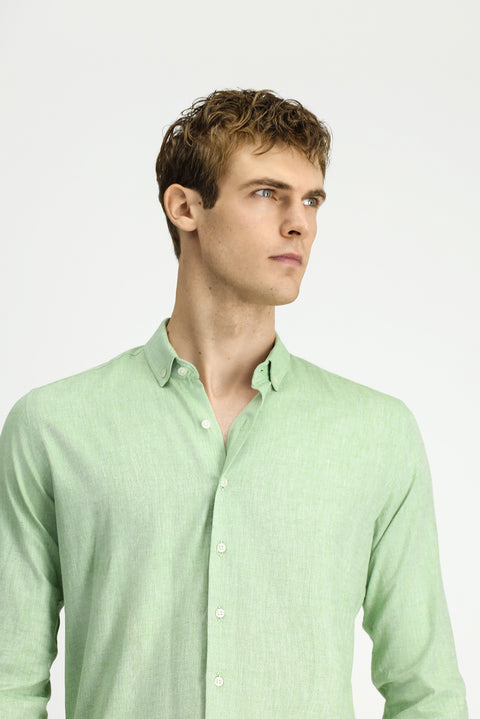 Grass Green Long Sleeve Slim Fit Narrow Cut Cotton Linen Button-Down Collar Shirt