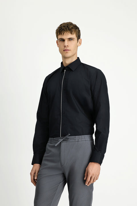 Black Long Sleeve Regular Fit Zip-Up Cotton Shirt