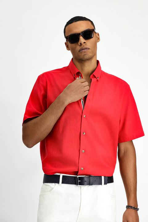 Light Red Short Sleeve Regular Fit Button-Down Collar Linen-Look Cotton Sport Shirt