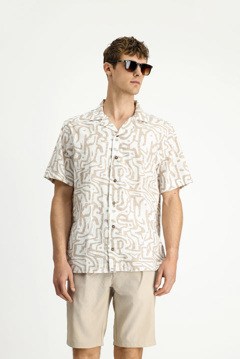 Light Beige Short Sleeve Regular Fit Cotton Sporty Printed Shirt