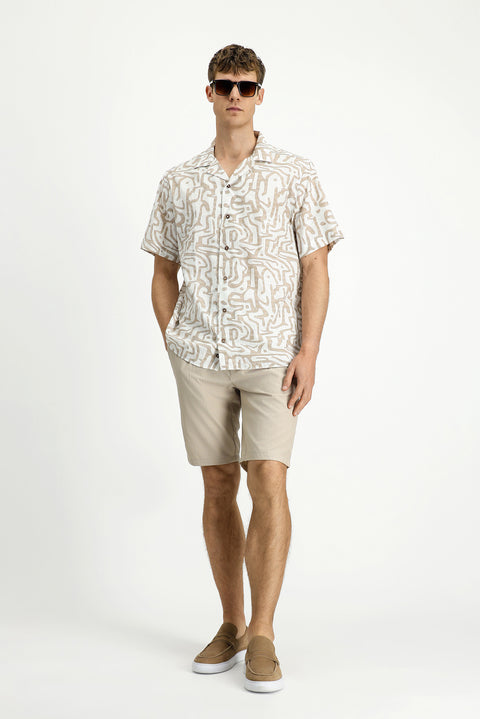 Light Beige Short Sleeve Regular Fit Cotton Sporty Printed Shirt
