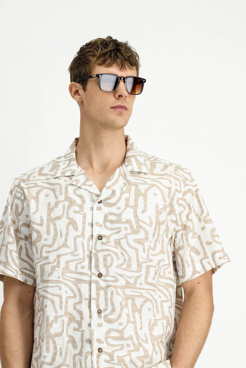 Light Beige Short Sleeve Regular Fit Cotton Sporty Printed Shirt