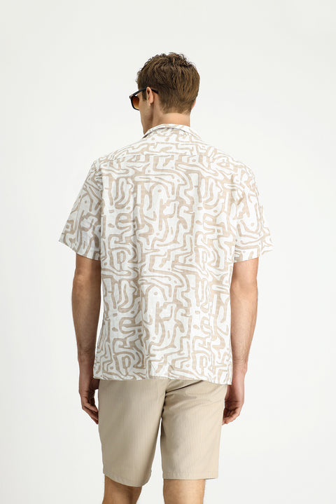 Light Beige Short Sleeve Regular Fit Cotton Sporty Printed Shirt