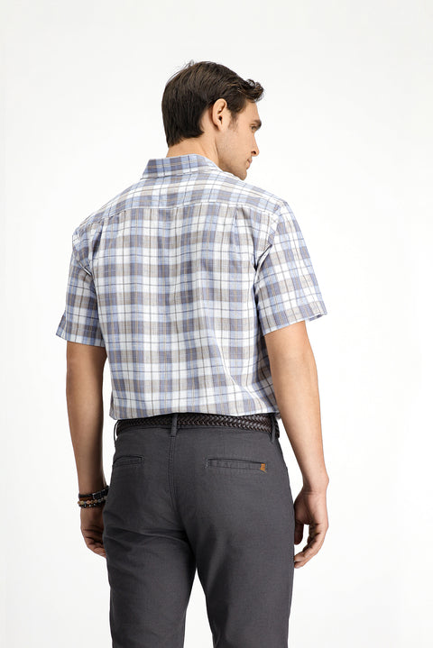 Medium Beige Short Sleeve Regular Fit Cotton Sport Button-Down Collar Plaid Shirt