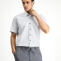 Medium Navy Short Sleeve Slim Fit Narrow Cut Cotton Striped Shirt