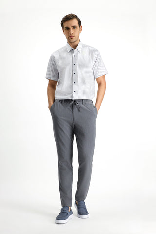 Orta Lacivert Kısa Kol Slim Fit Dar Kesim Pamuk Çizgili Gömlek