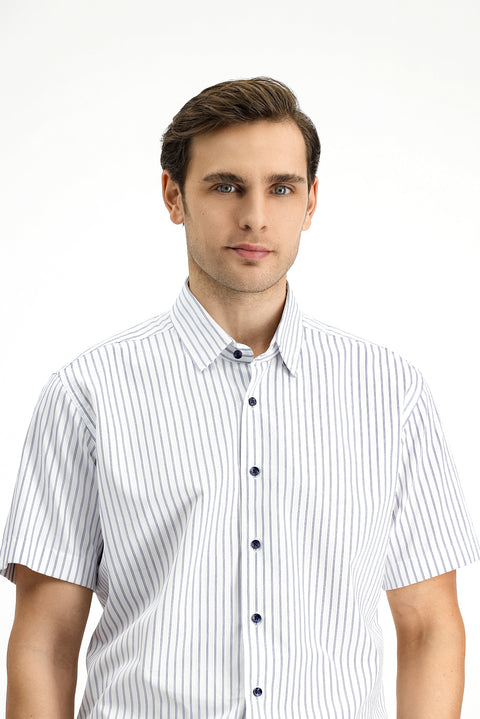 Medium Navy Short Sleeve Slim Fit Narrow Cut Cotton Striped Shirt