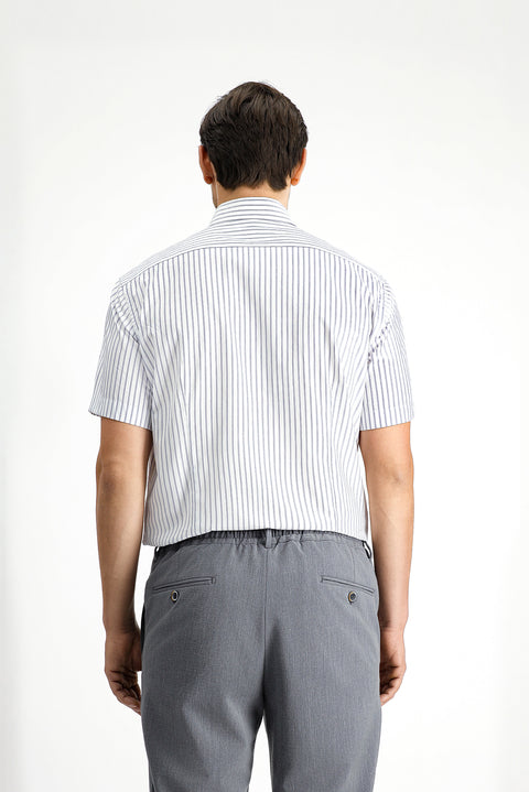 Medium Navy Short Sleeve Slim Fit Narrow Cut Cotton Striped Shirt