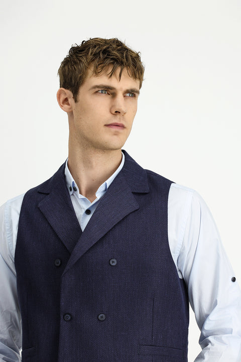 Dark Navy Wool and Linen Blend Classic Double-Breasted Vest