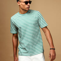 Navy Blue Crew Neck Slim Fit Narrow Cut Cotton Striped T-Shirt