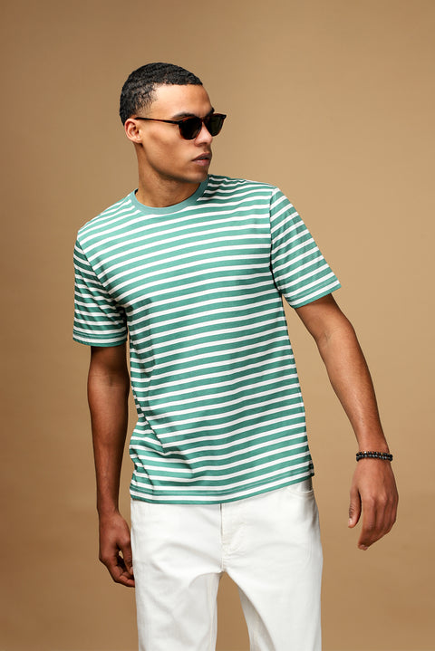 Navy Blue Crew Neck Slim Fit Narrow Cut Cotton Striped T-Shirt