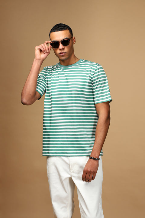 Navy Blue Crew Neck Slim Fit Narrow Cut Cotton Striped T-Shirt